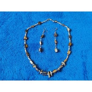 Abalone Shell Chip Beaded Brown Iridescent  Necklace Earring Set